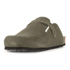 Dark grey suede leather clog viewed from the front and side with buckle strap and cork sole