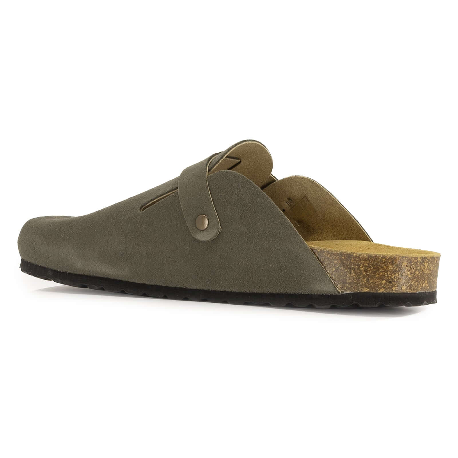 inside angle view of dark grey leather clogs showing cork footbed and suede upper