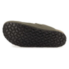 outsole view of dark grey leather clogs on white background