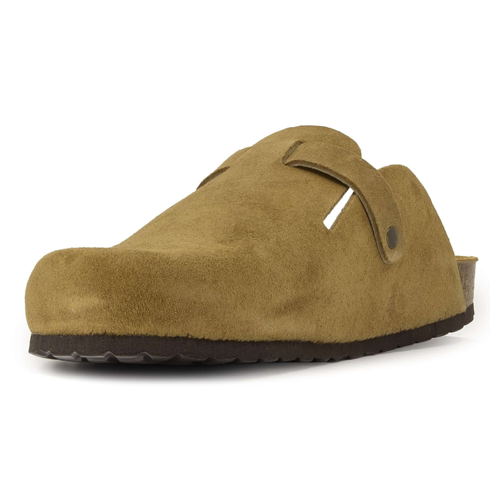Tan suede leather clog viewed from the front and side with buckle strap and cork sole