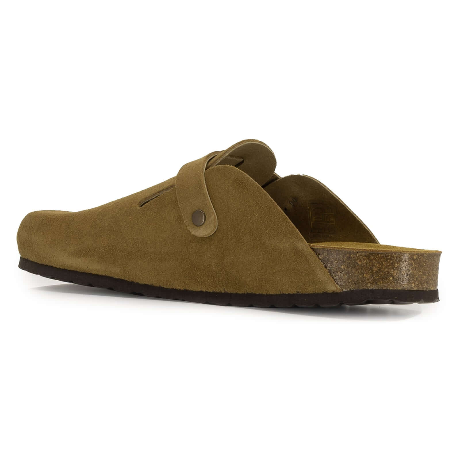 inside agle of tan leather clogs showing cork footbed and suede leather upper