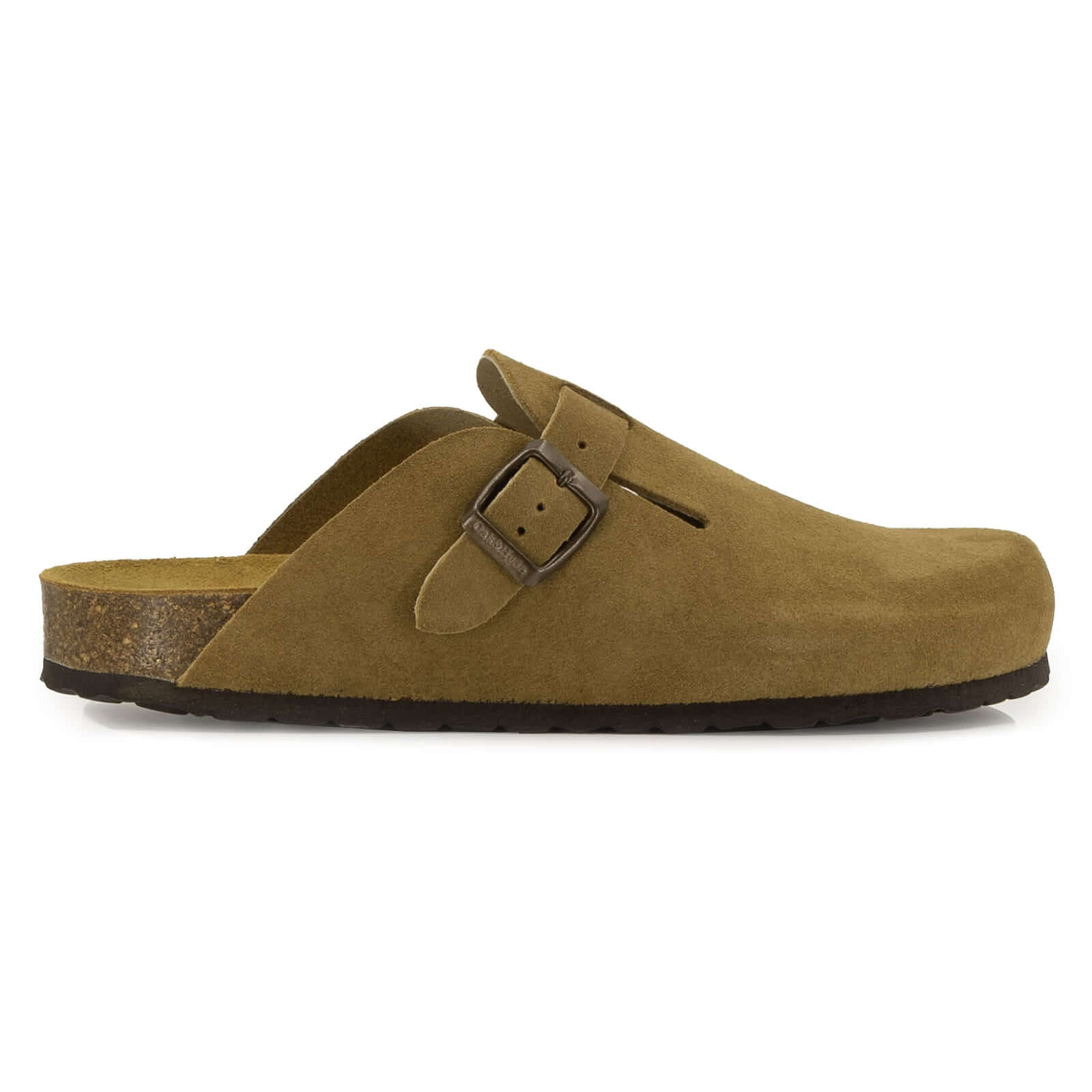 Side view of tan suede leather clog with buckle strap and cork footbed