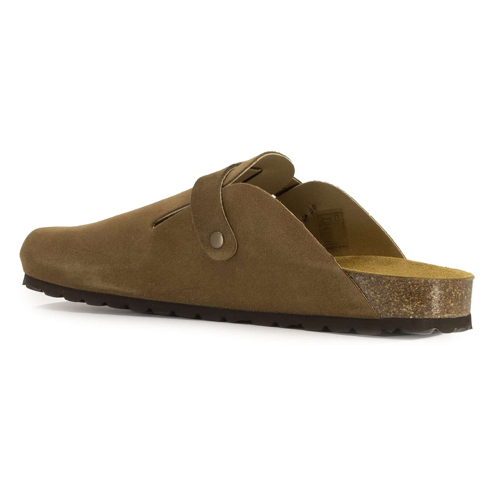 Rear three-quarter view of light brown suede leather clog showing heel strap and cork footbed