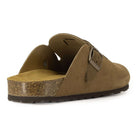 light brown suede clog viewed from the back and side with contoured cork footbed and buckle strap