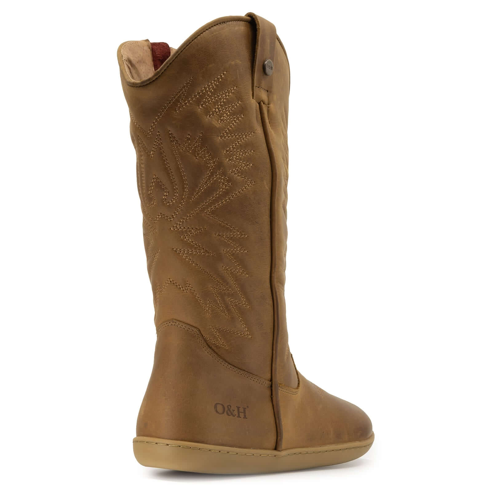 brown barefoot cowboy boot showing O&H branding on heel on white background
