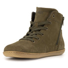 Green barefoot ankle boot with visible brand logo on a white background