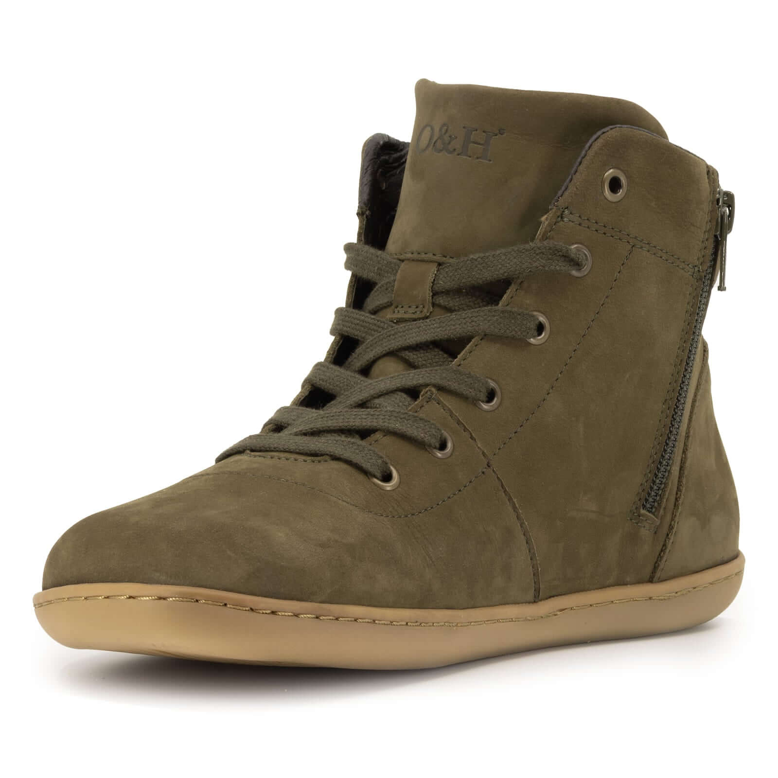 Green barefoot ankle boot with visible brand logo on a white background