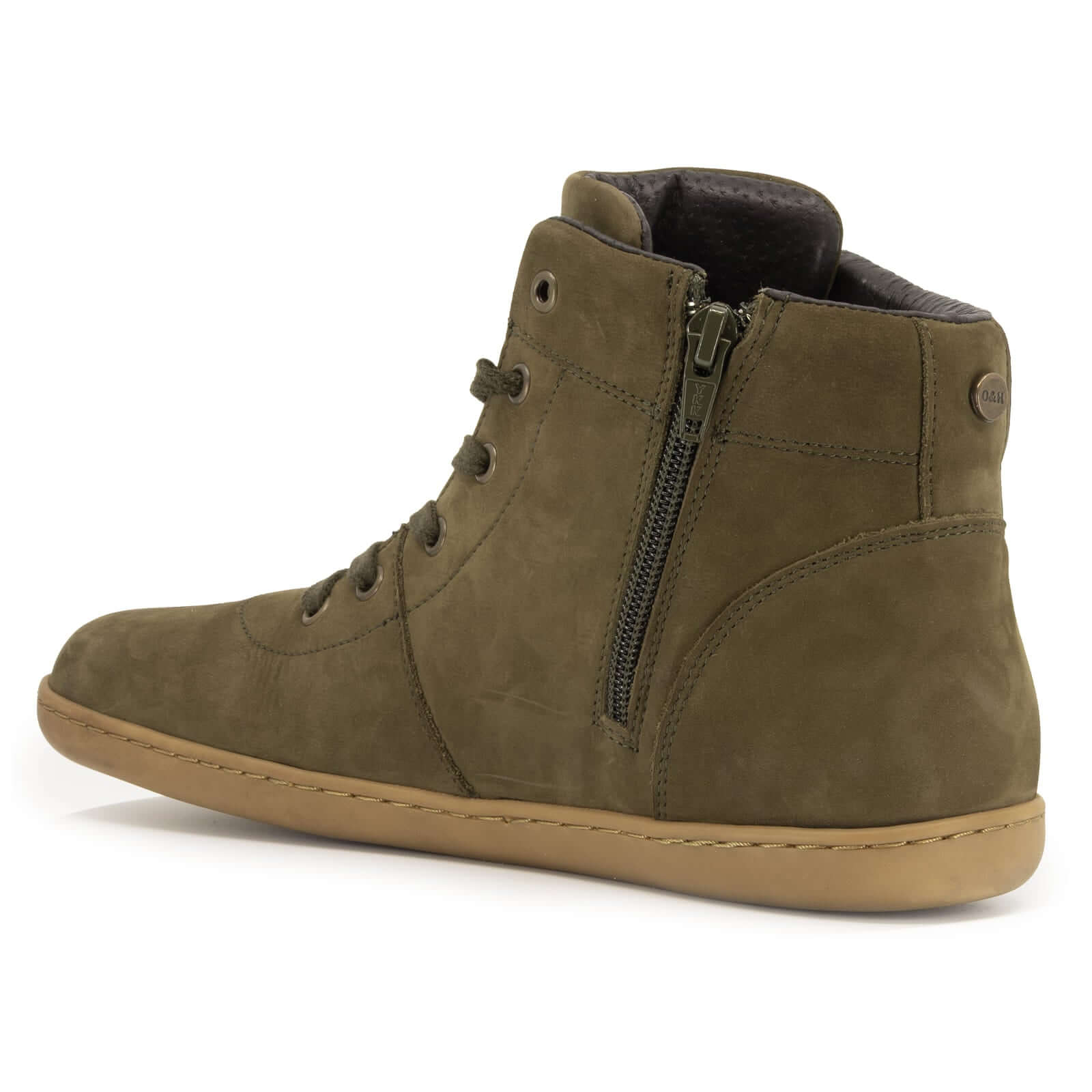 green nubuck leather barefoot boot with a zip on a white background