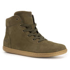 Green high-top boot with a tan sole on a white background