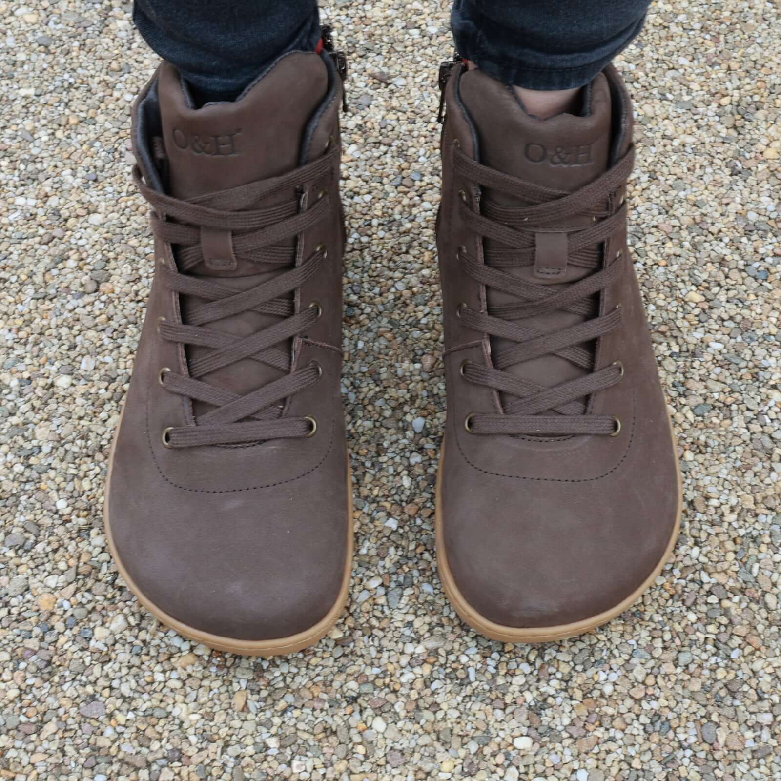 mulberry ankle boots in brown on model top down view showing toe shape