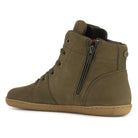 green nubuck leather barefoot boot with a zip on a white background