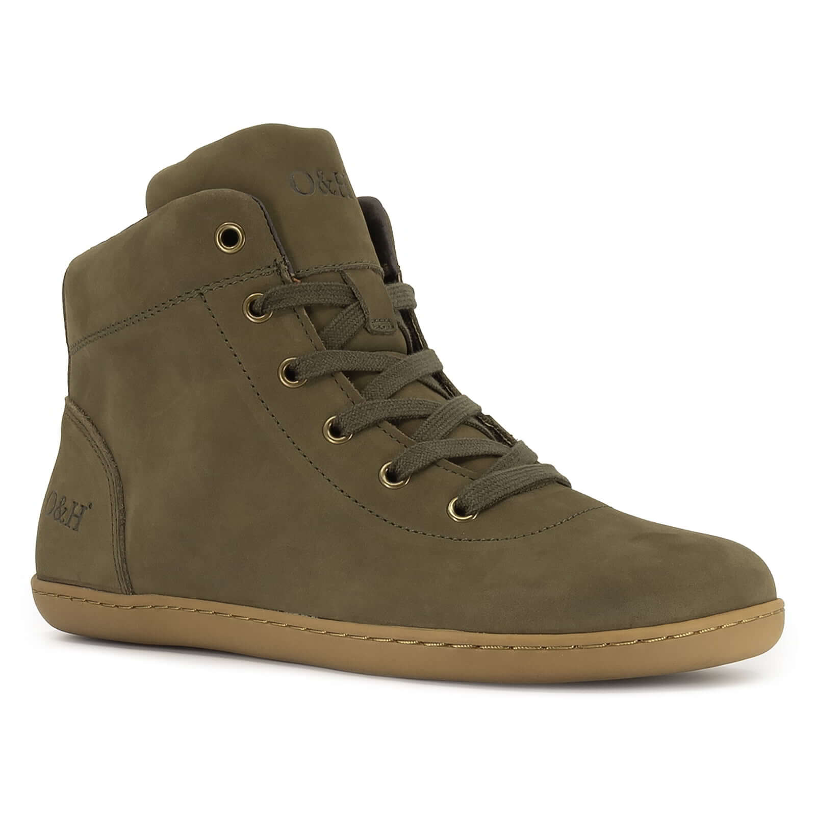 Green high-top boot with a tan sole on a white background