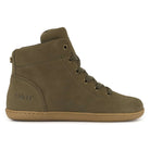 Green barefoot ankle boot with tan sole on a white background