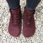 top down view of mulberry barefoot ankle boots in wine showing toe shape