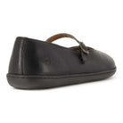 Rear view of olive barefoot mary jane shoes in black showing heel detail