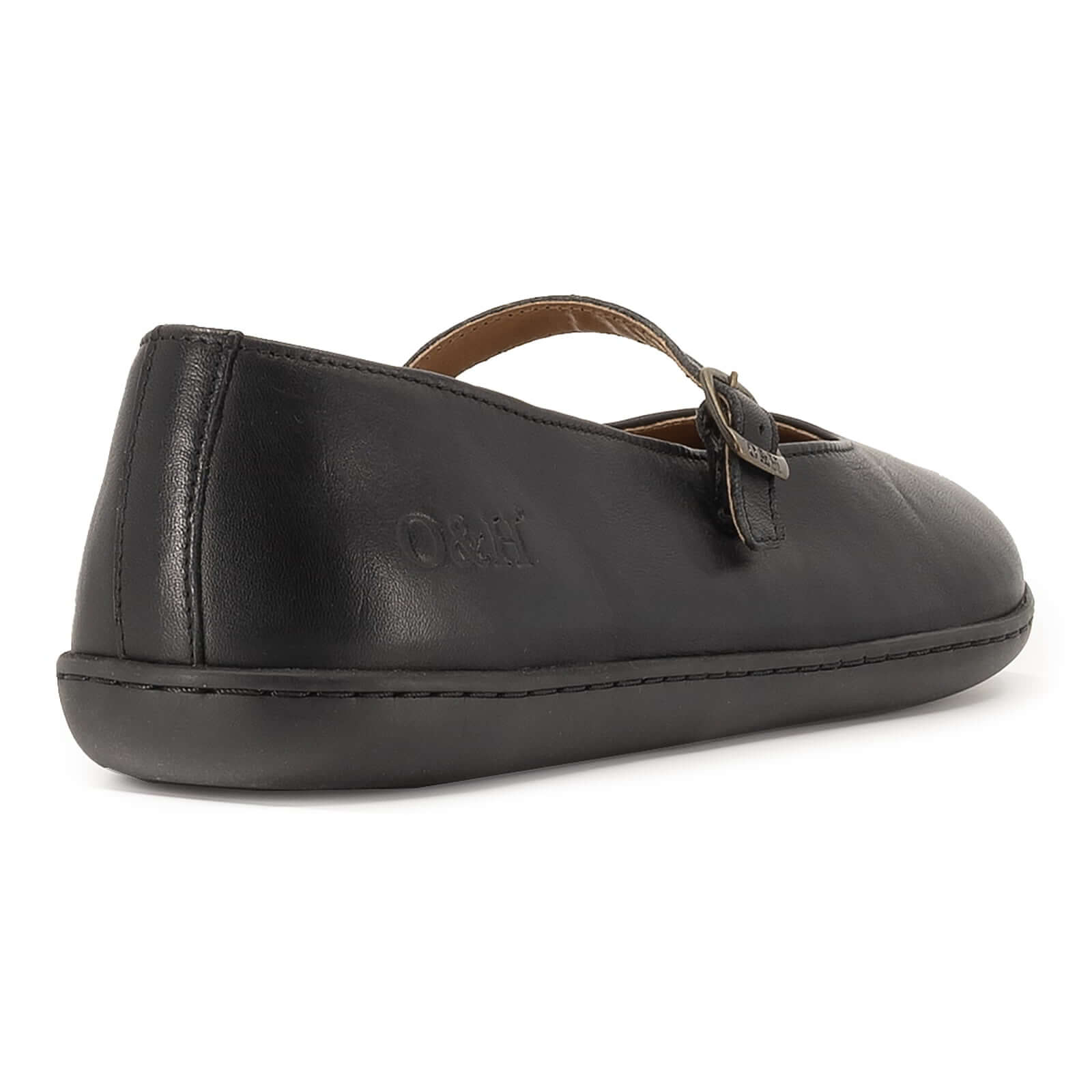 Rear view of olive barefoot mary jane shoes in black showing heel detail