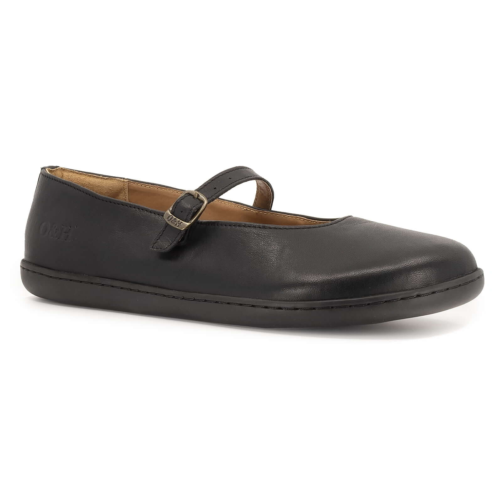 Side angled view of olive barefoot mary jane shoes showing strap and buckle fastening