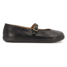 Side profile view of Olive barefoot mary jane shoes in black showing leather upper