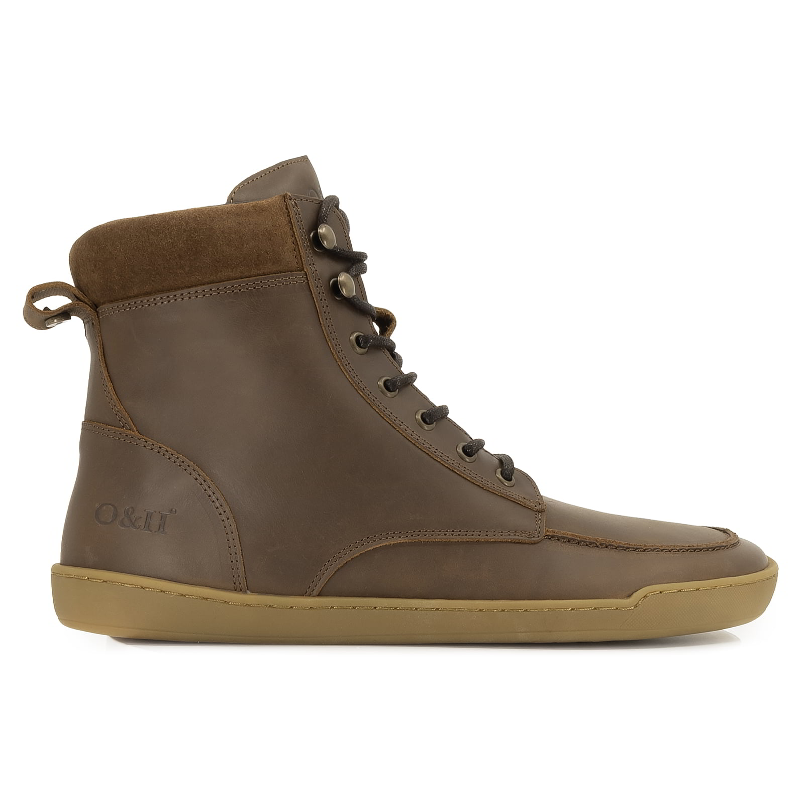 side profile view of redwood barefoot boots brown showing leather upper