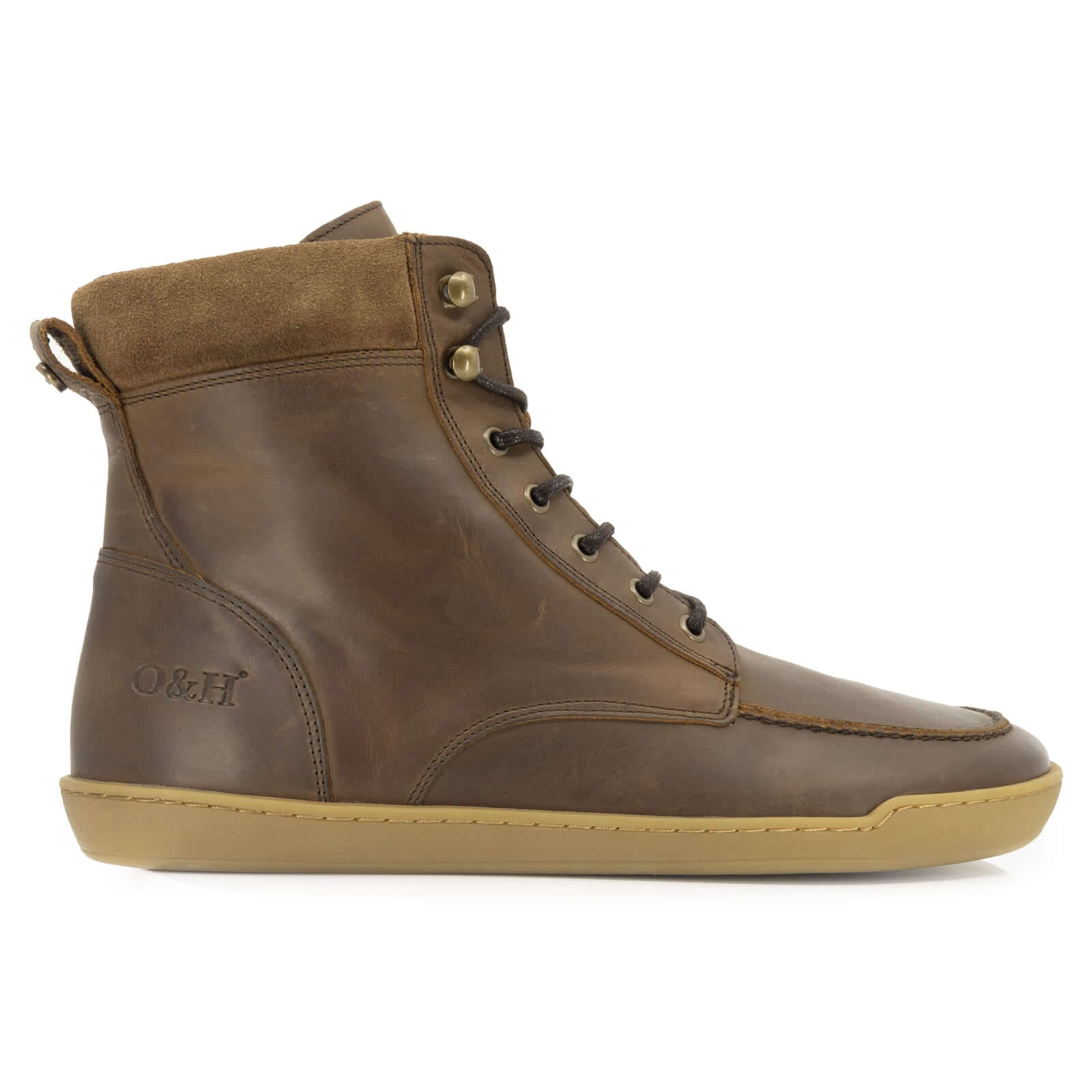 side profile view of redwood barefoot boots brown showing leather upper