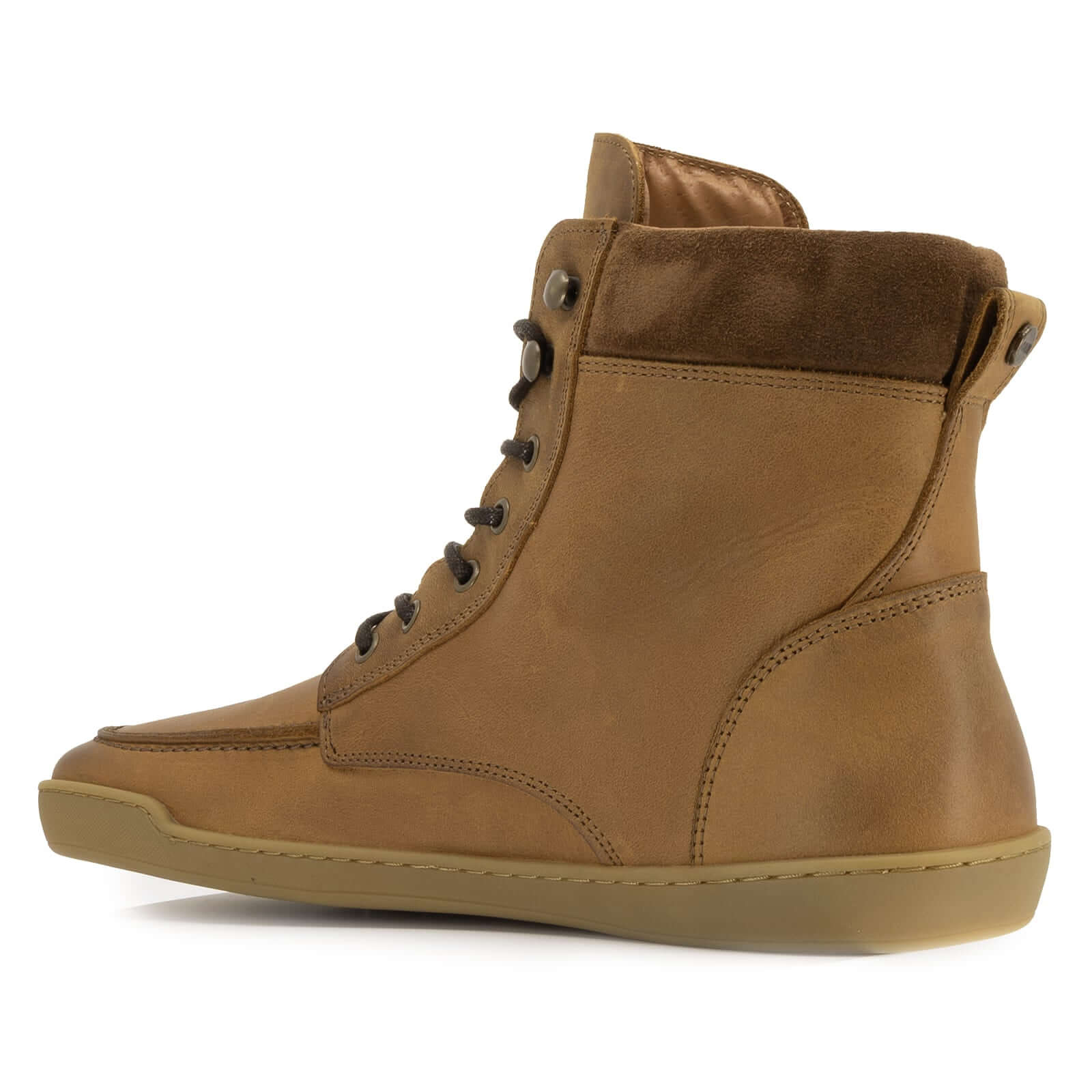 inside angle of redwood barefoot boots showing stitch detailing and gum outsole