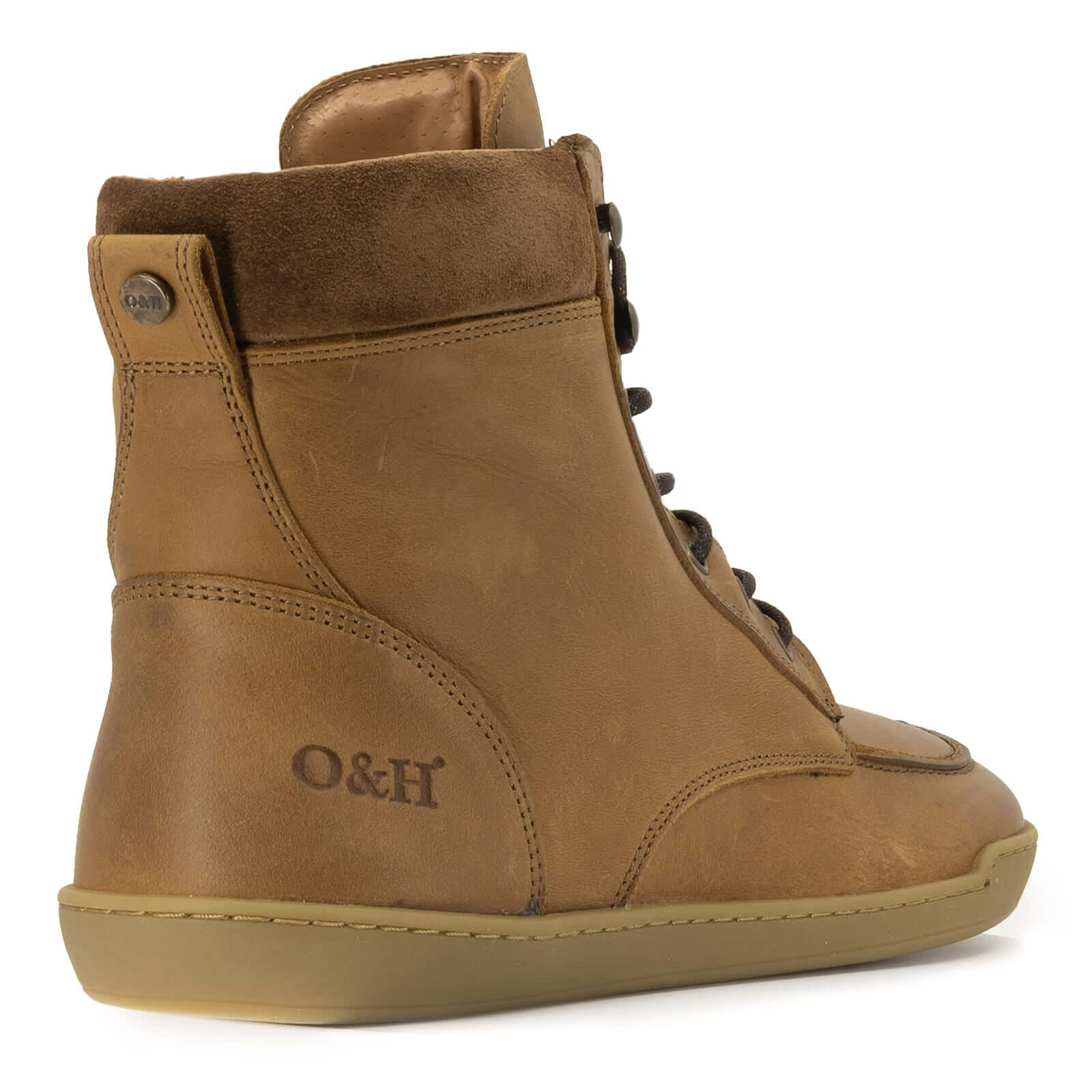 rear view of redwood barefoot boots showing leather upper and suede collar