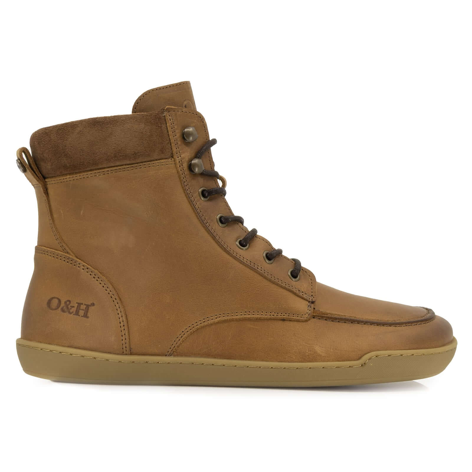 side profile of Redwood barefoot boots showing heel logo and suede collar detailing