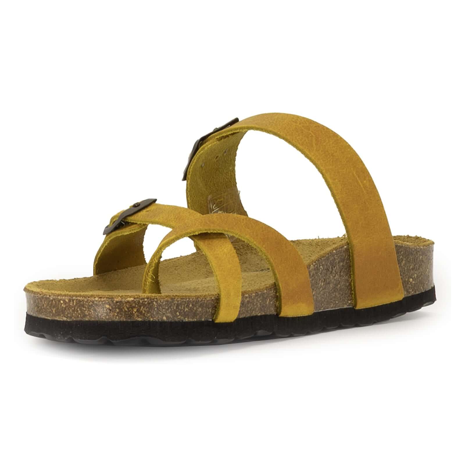 inside angled view of yellow savannah 2 sandals showing cork footbed and straps