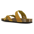 angled view of savannah 2 sandals in yellow showing leather straps and cork footbed