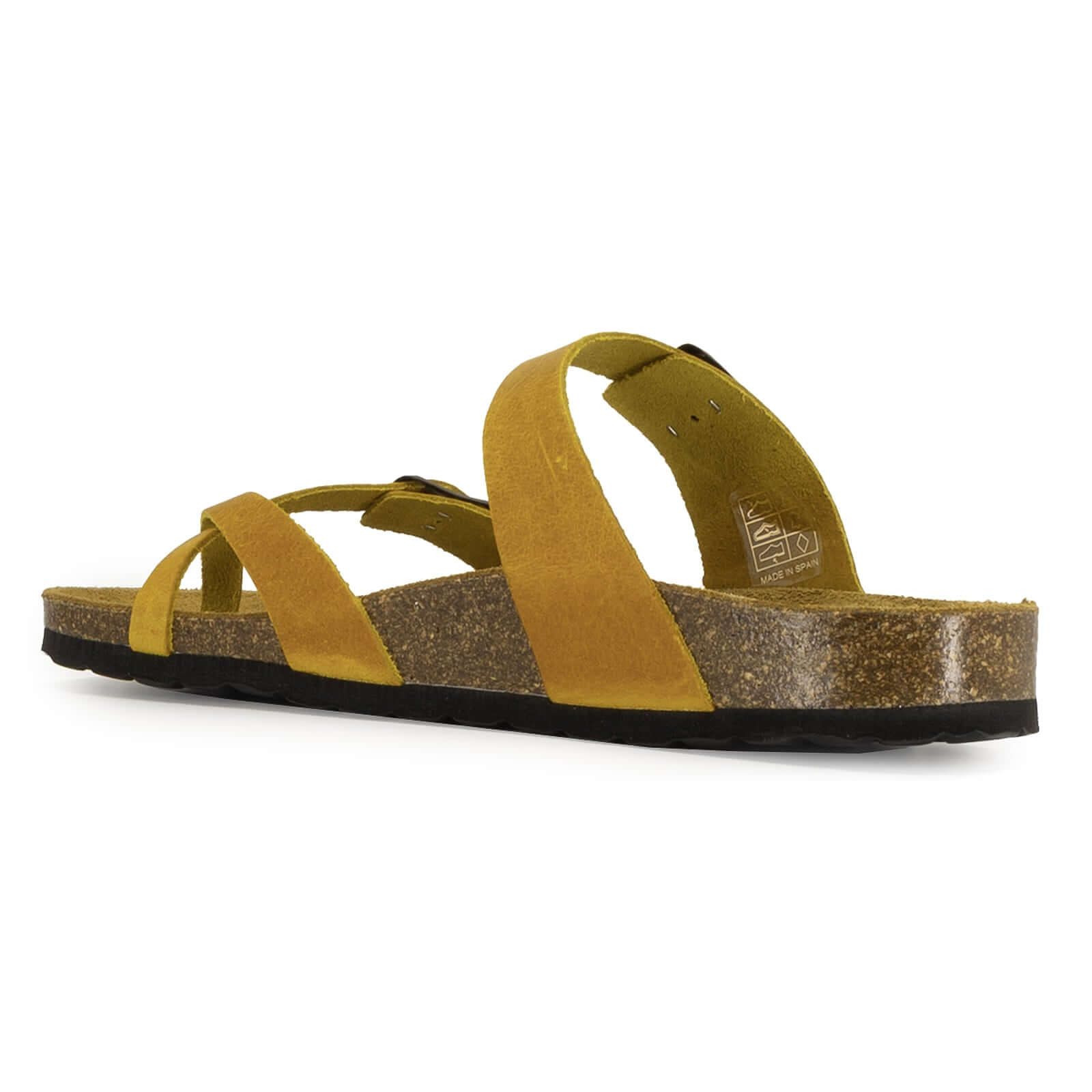 angled view of savannah 2 sandals in yellow showing leather straps and cork footbed