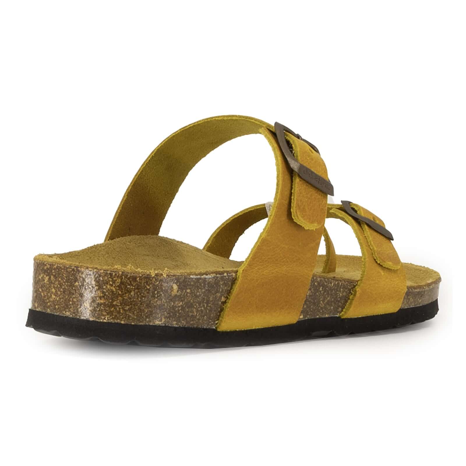 heel view of savannah 2 sandals in yellow showing cork midsole and slip on design