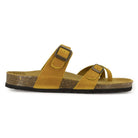 side profile view of yellow savannah 2 sandals showing leather upper