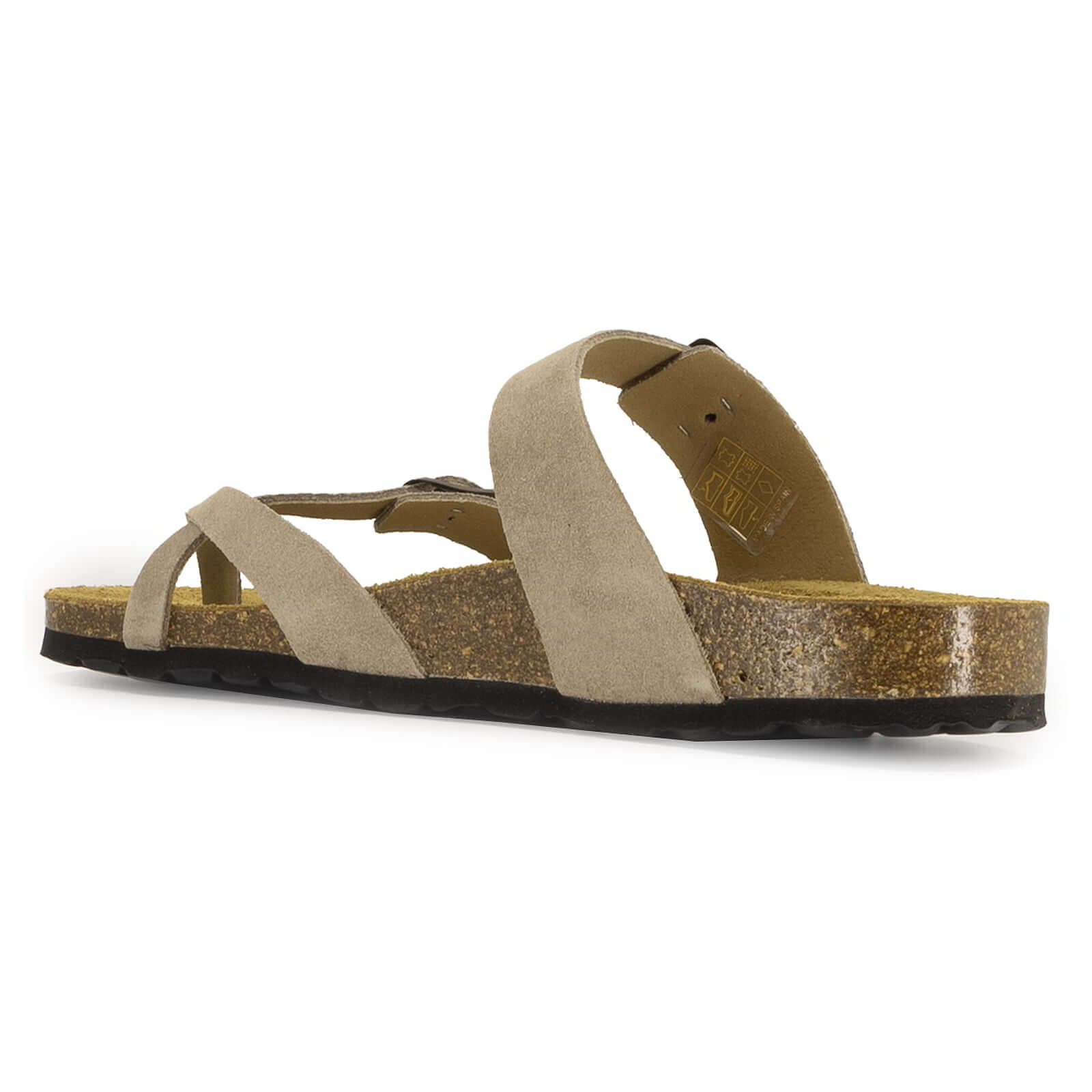 side inside angled view of savannah 2 beige sandals showing cork footbed and straps