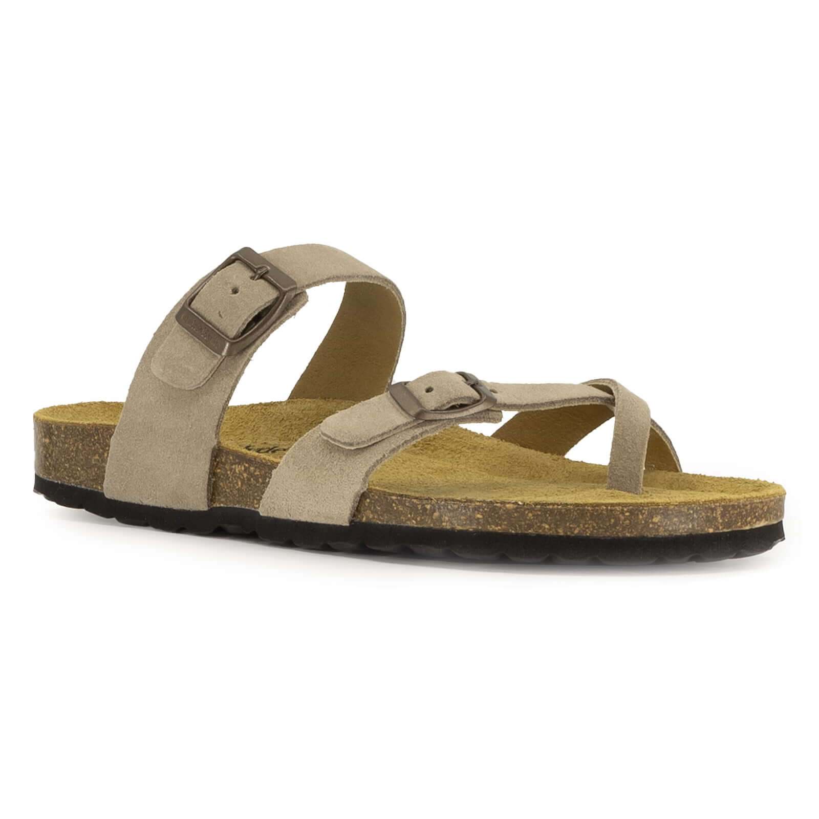 side angled view of beige savannah 2 sandals showing suede leather upper