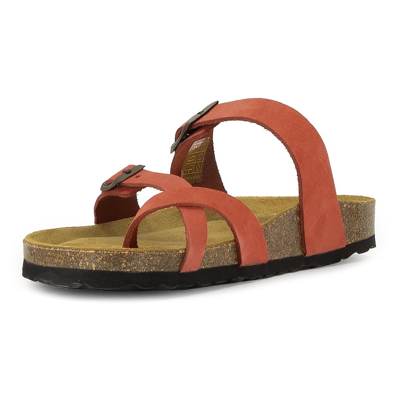 front view of coral oak & hyde savannah 2 sandals highlighting open toe design and cork midsole
