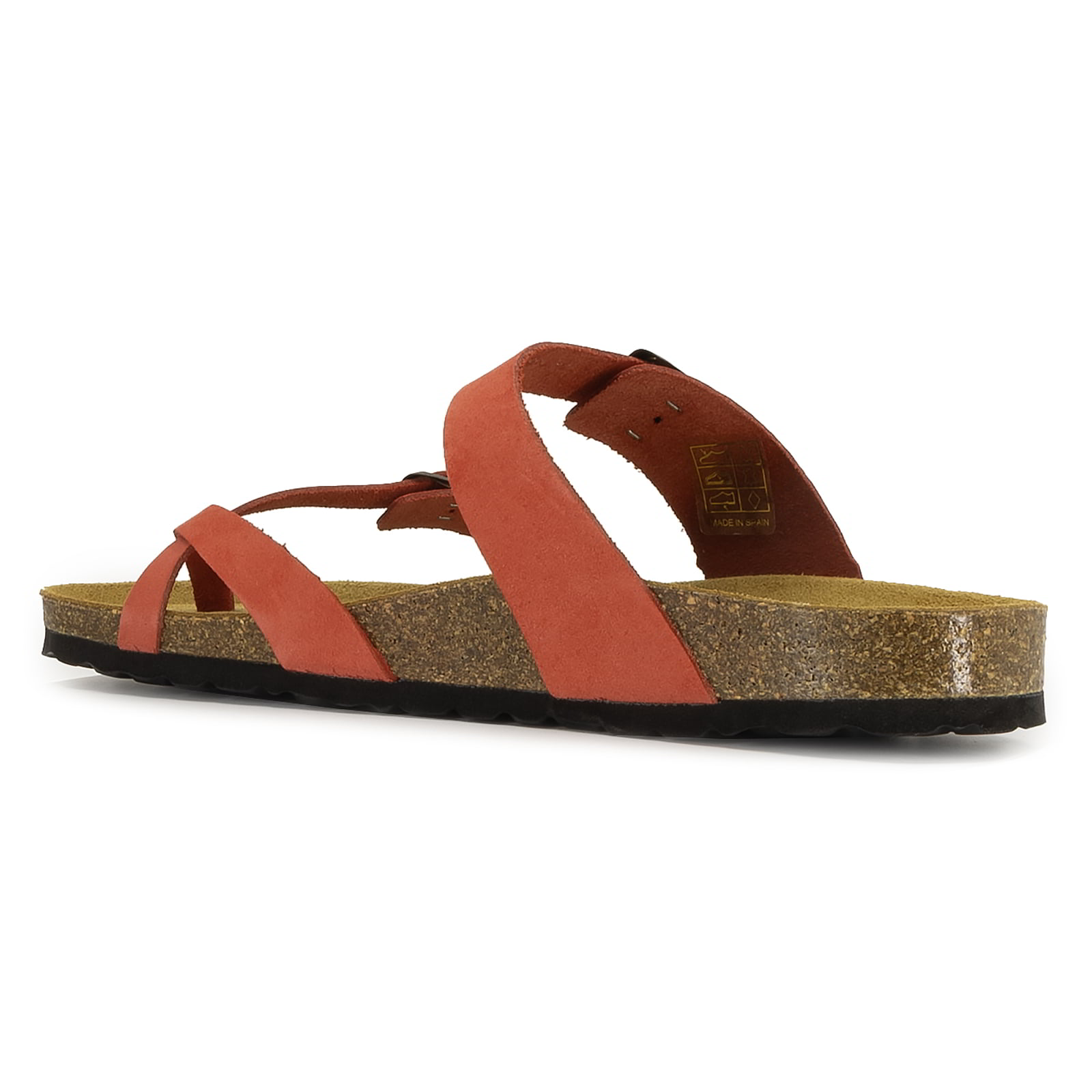 side view of coral oak & hyde savannah 2 sandals showing leather straps and contoured footbed