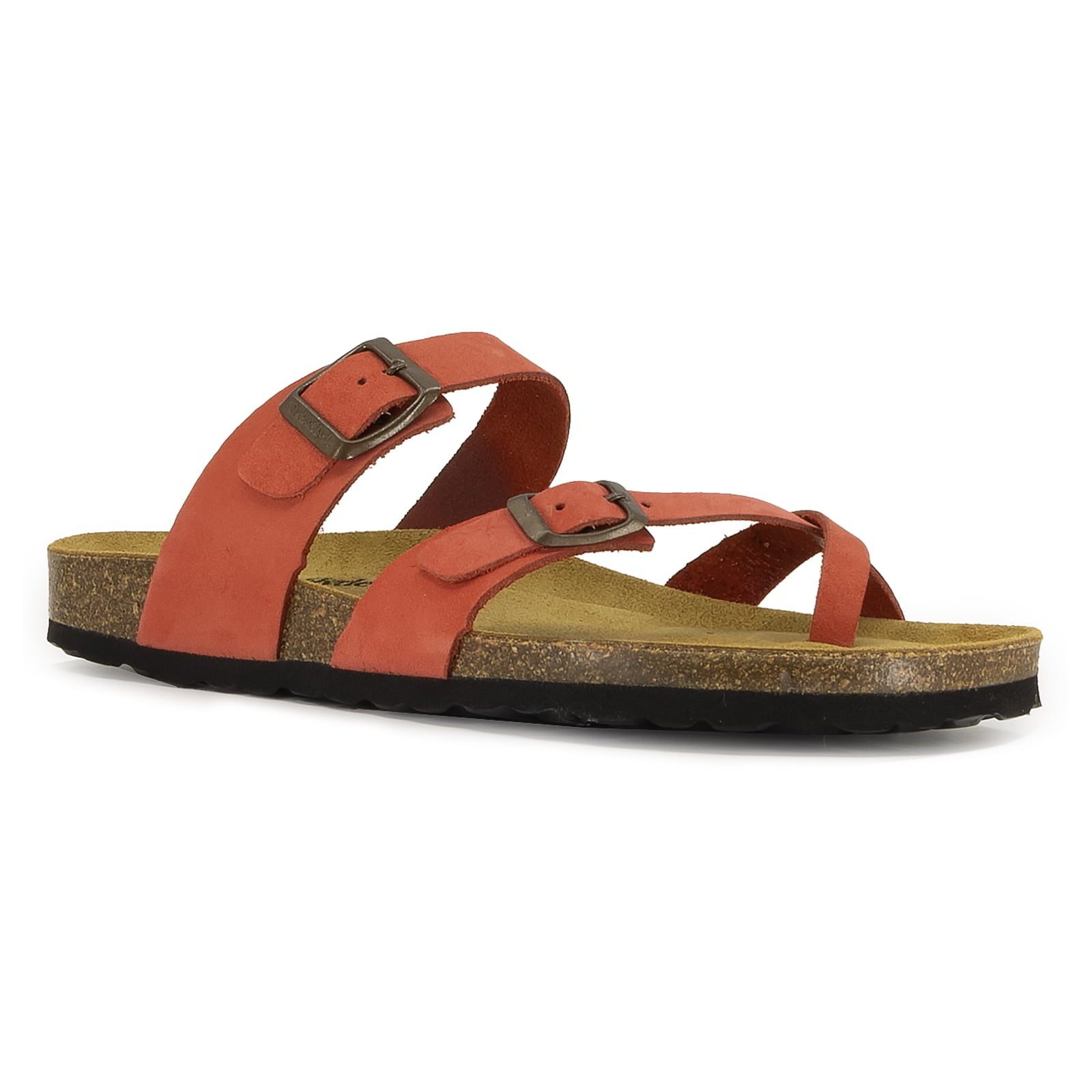 angled front view of coral oak & hyde savannah 2 sandals showing toe strap and ankle strap fastening