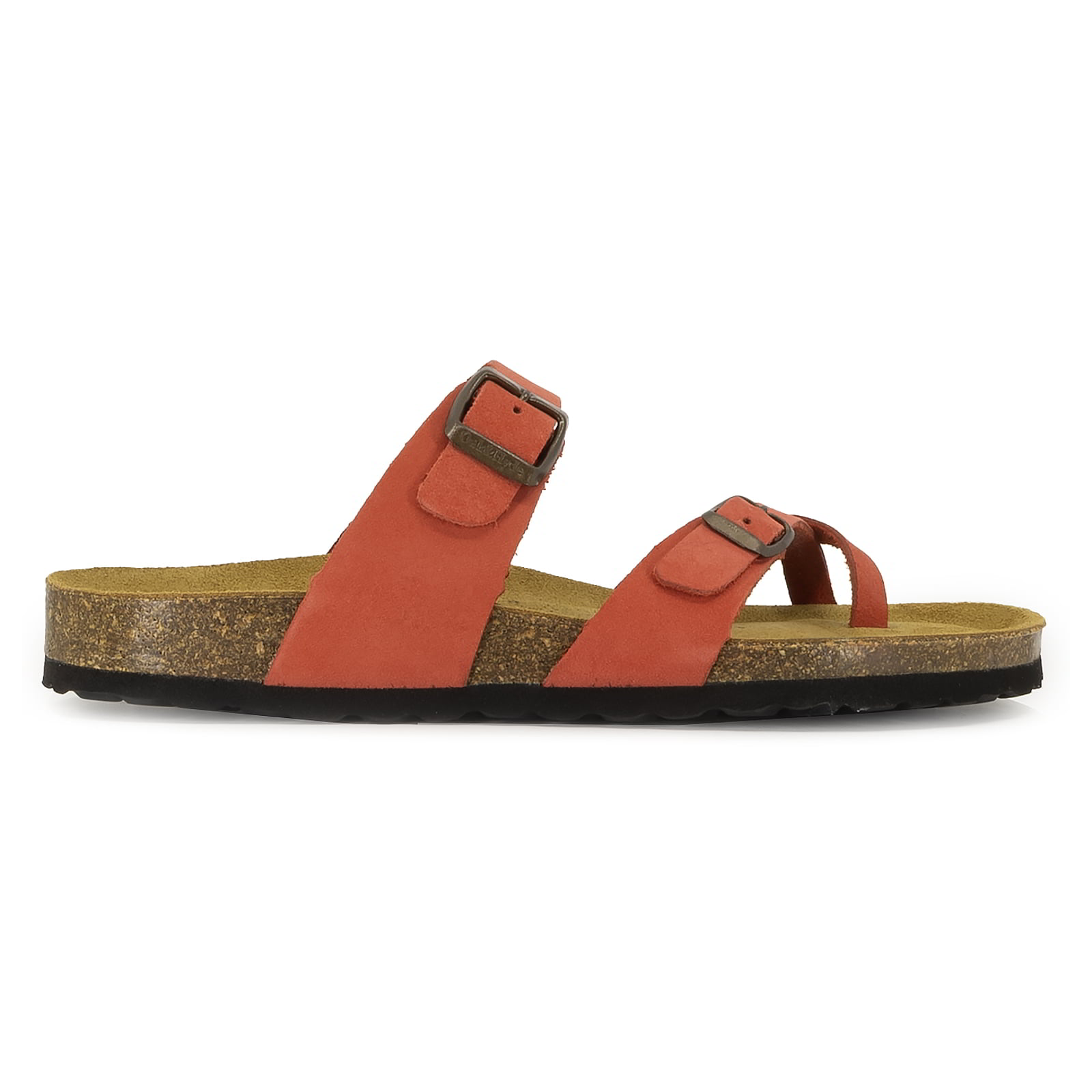 side profile of coral oak & hyde savannah 2 sandals with adjustable buckle straps and cork footbed