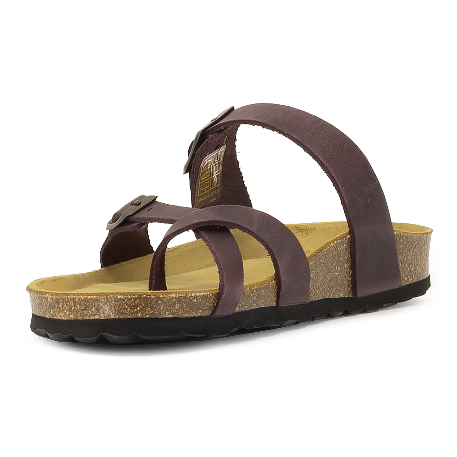 front view of purple oak & hyde savannah 2 sandals highlighting open toe design and cork midsole