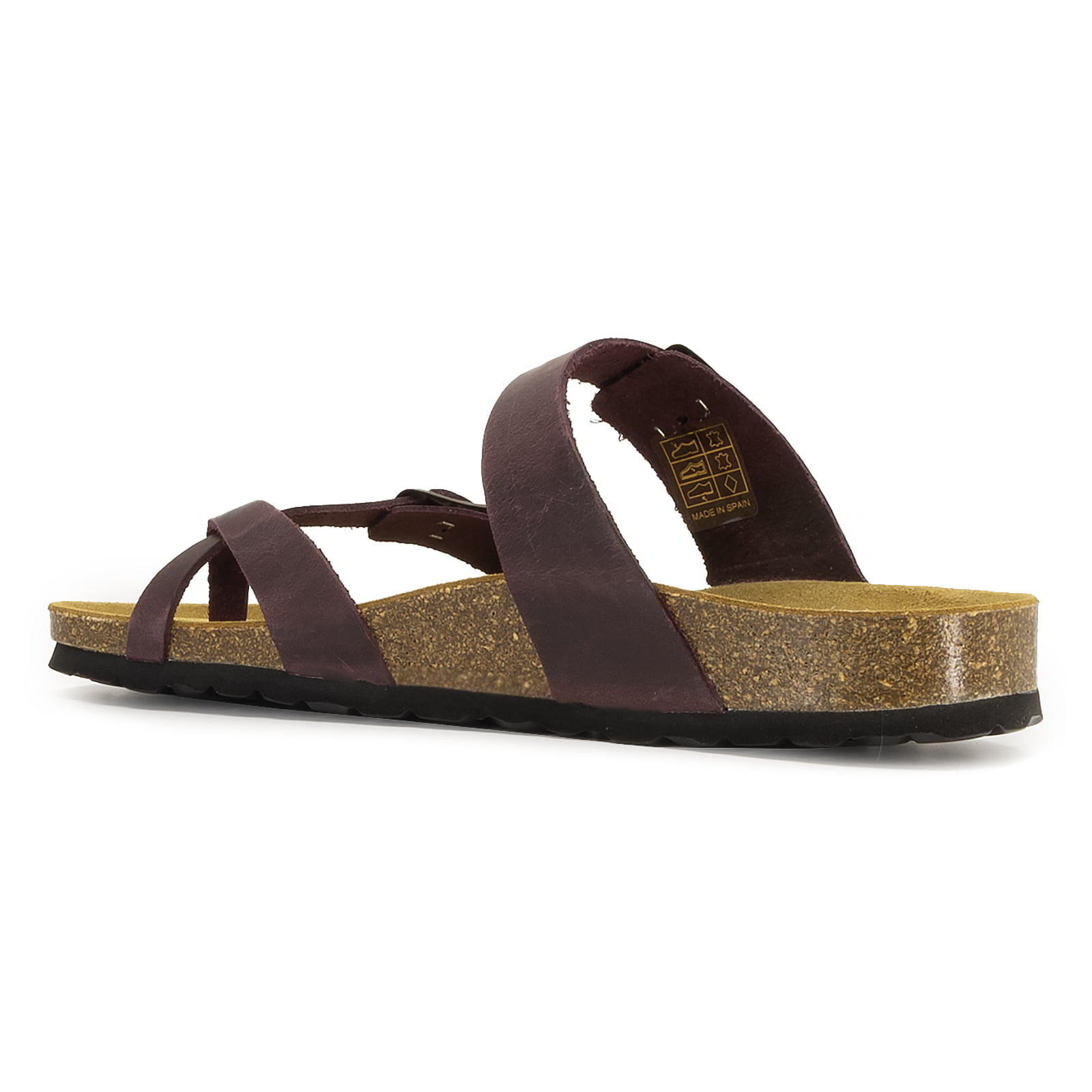 side view of purple oak & hyde savannah 2 sandals showing leather straps and contoured footbed