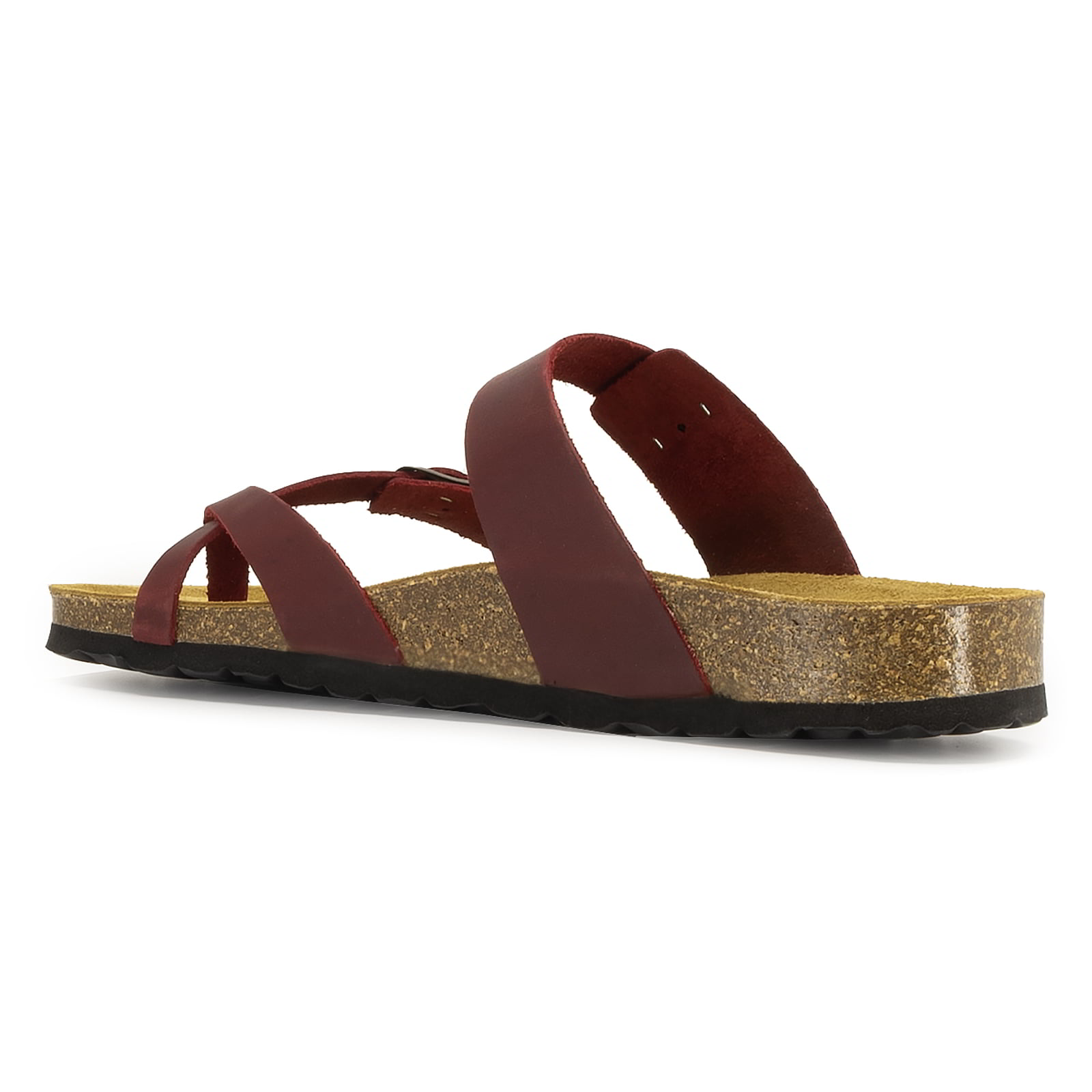 side view of red oak & hyde savannah 2 sandals showing leather straps and contoured footbed