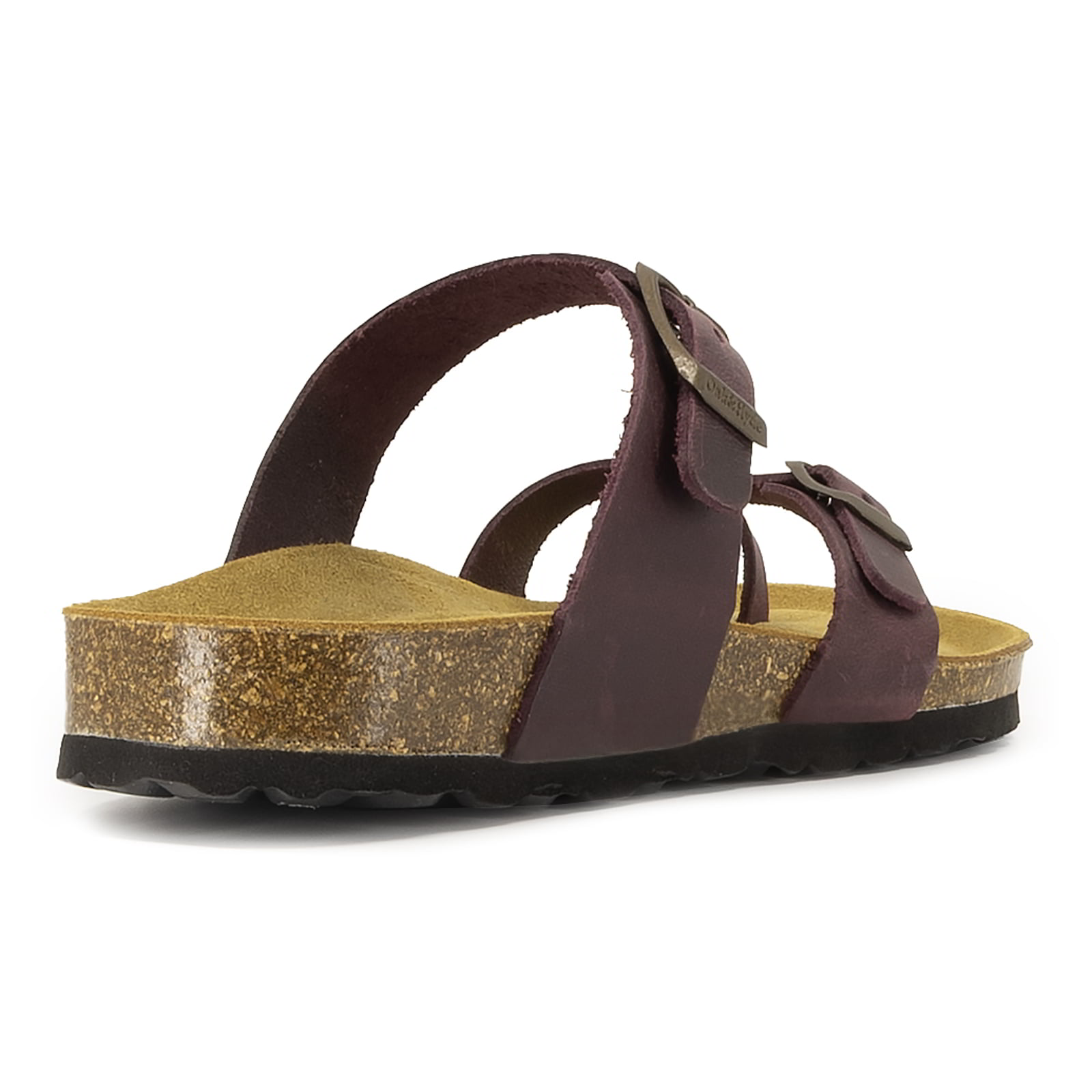 rear angle view of purple oak & hyde savannah 2 sandals showing heel strap and cork sole