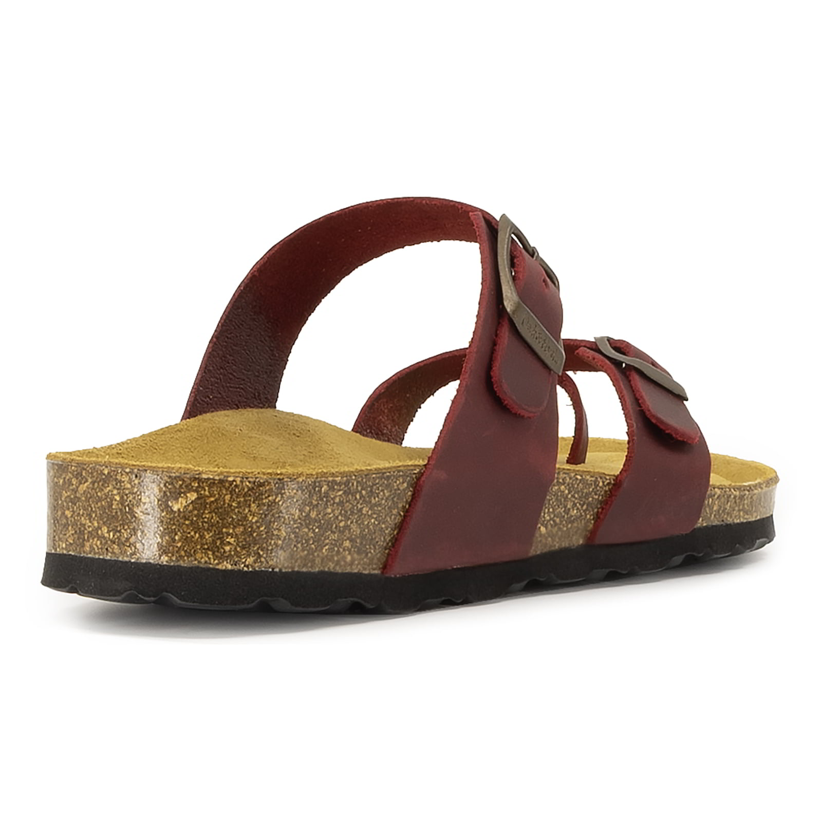 rear angle view of red oak & hyde savannah 2 sandals showing heel strap and cork sole