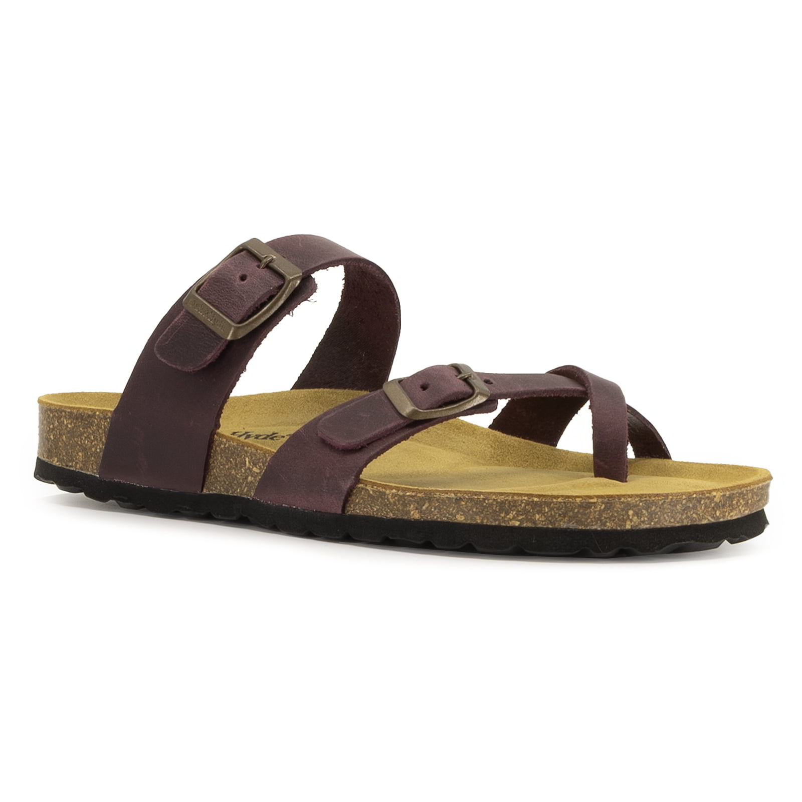 angled front view of purple oak & hyde savannah 2 sandals showing toe strap and ankle strap fastening