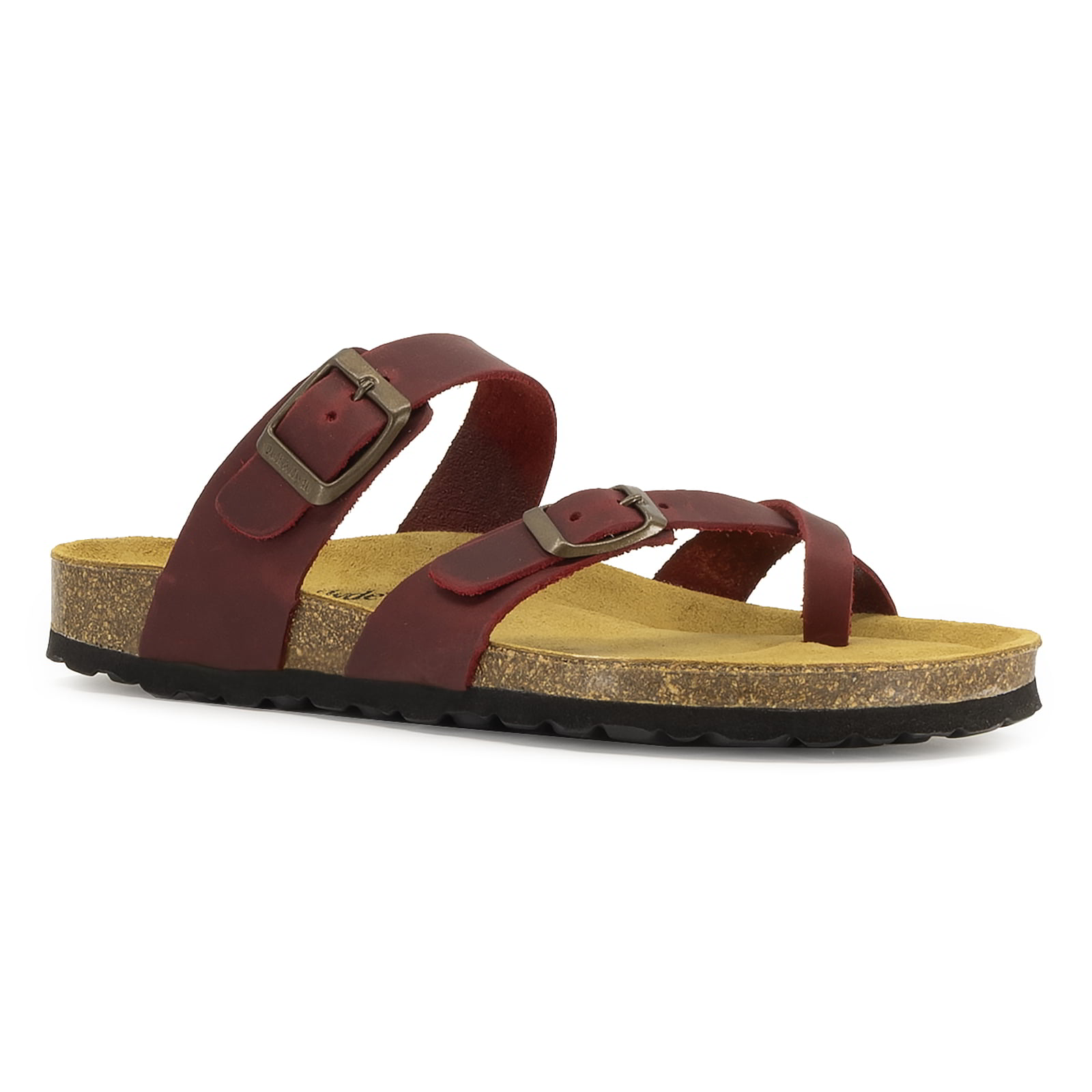 angled front view of red oak & hyde savannah 2 sandals showing toe strap and ankle strap fastening