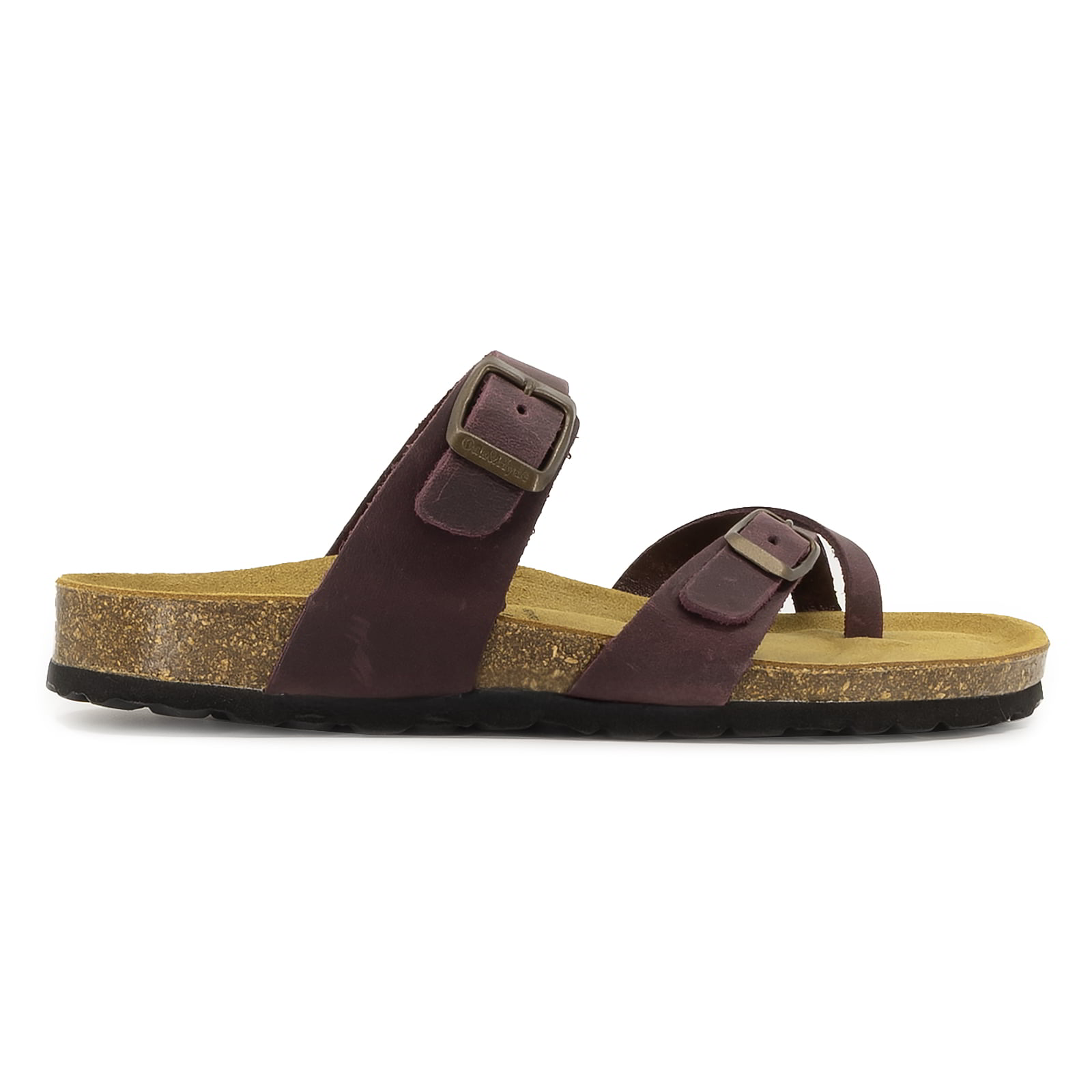 side profile of purple oak & hyde savannah 2 sandals with adjustable buckle straps and cork footbed