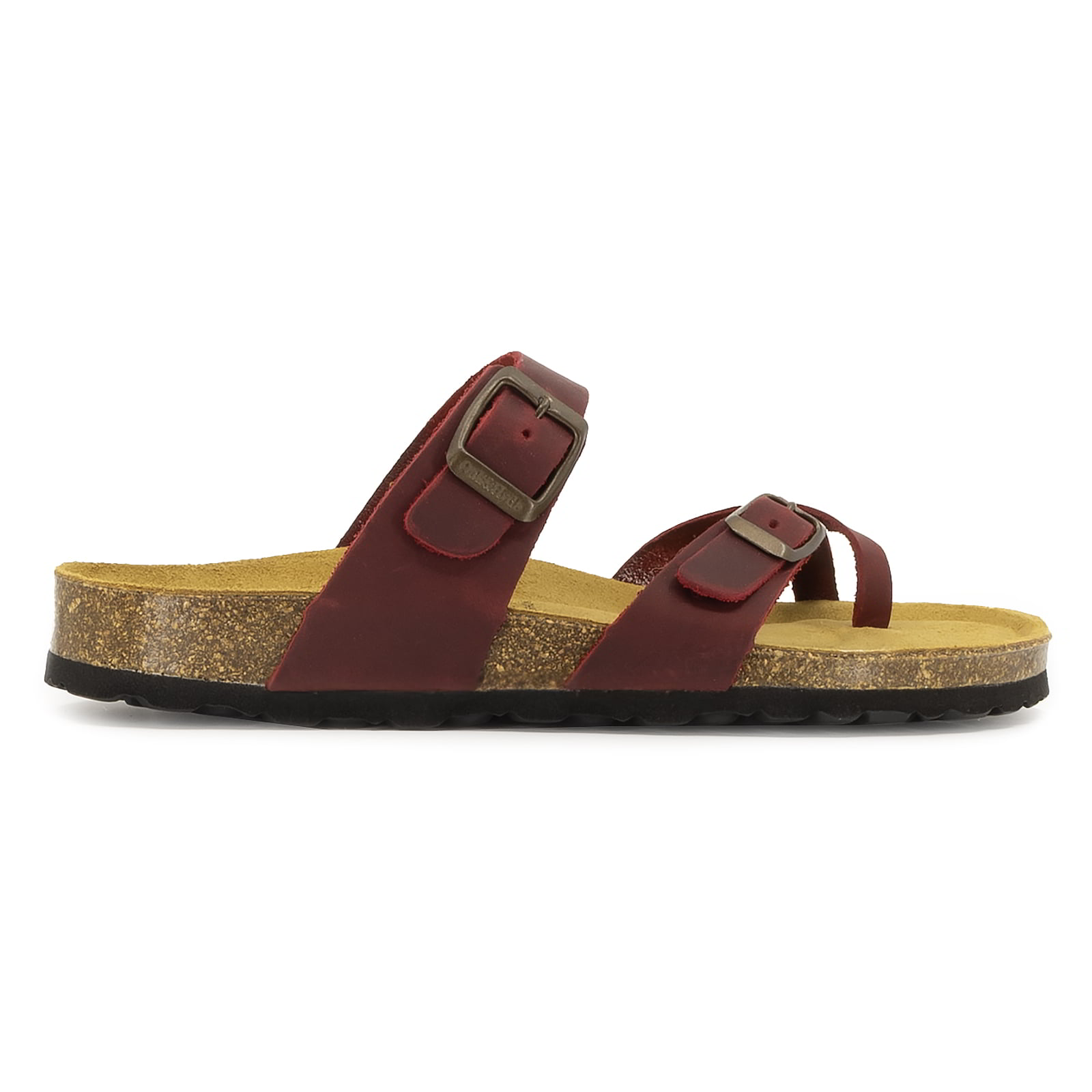side profile of red oak & hyde savannah 2 sandals with adjustable buckle straps and cork footbed