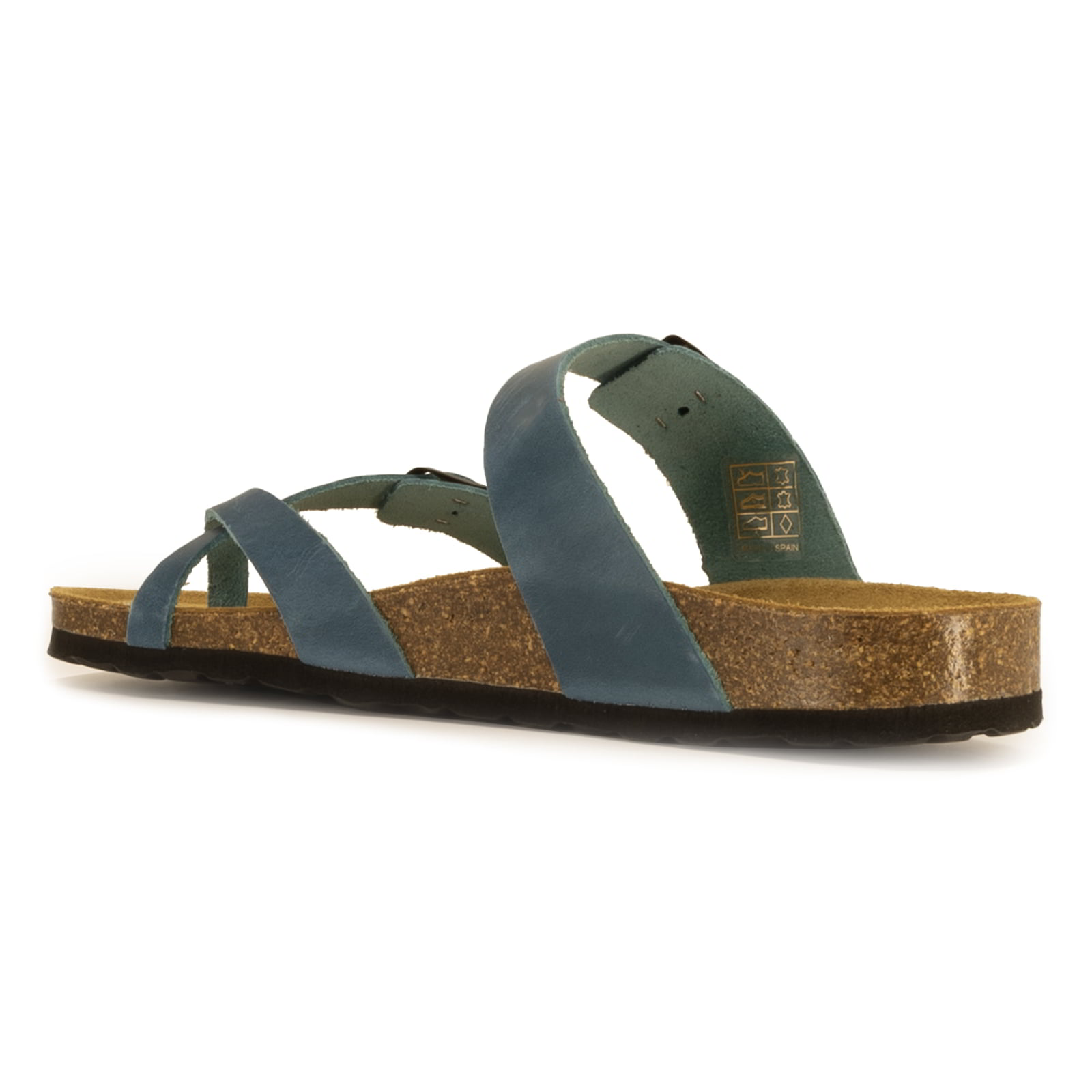 side view of turquoise oak & hyde savannah 2 sandals showing leather straps and contoured footbed