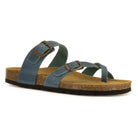 angled front view of turquoise oak & hyde savannah 2 sandals showing toe strap and ankle strap fastening