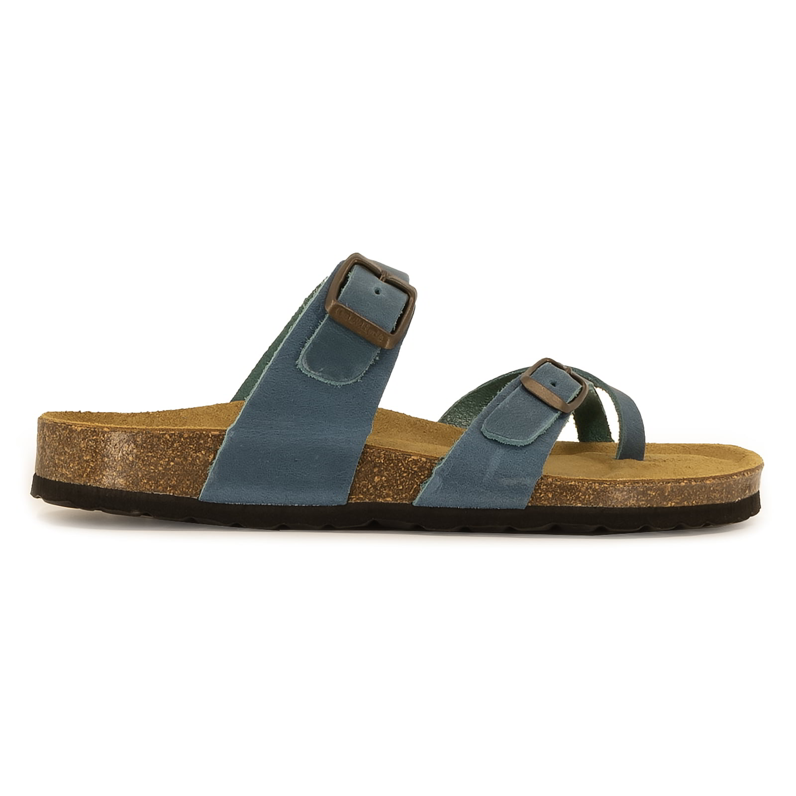 side profile of turquoise oak & hyde savannah 2 sandals with adjustable buckle straps and cork footbed